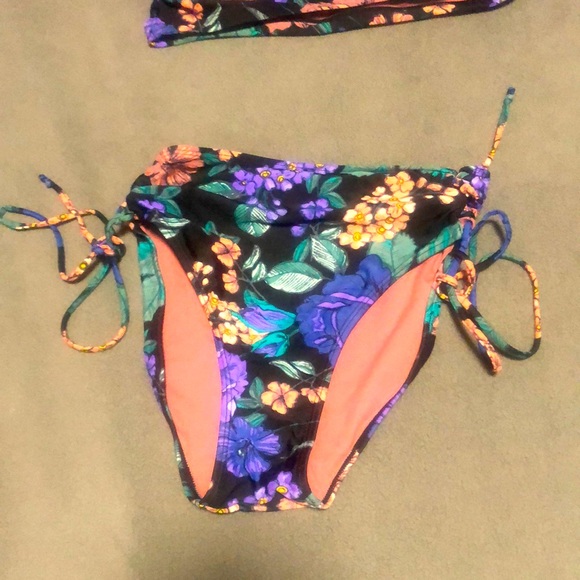 2 piece floral purple, green, black, and coral swimsuit - Picture 3 of 4
